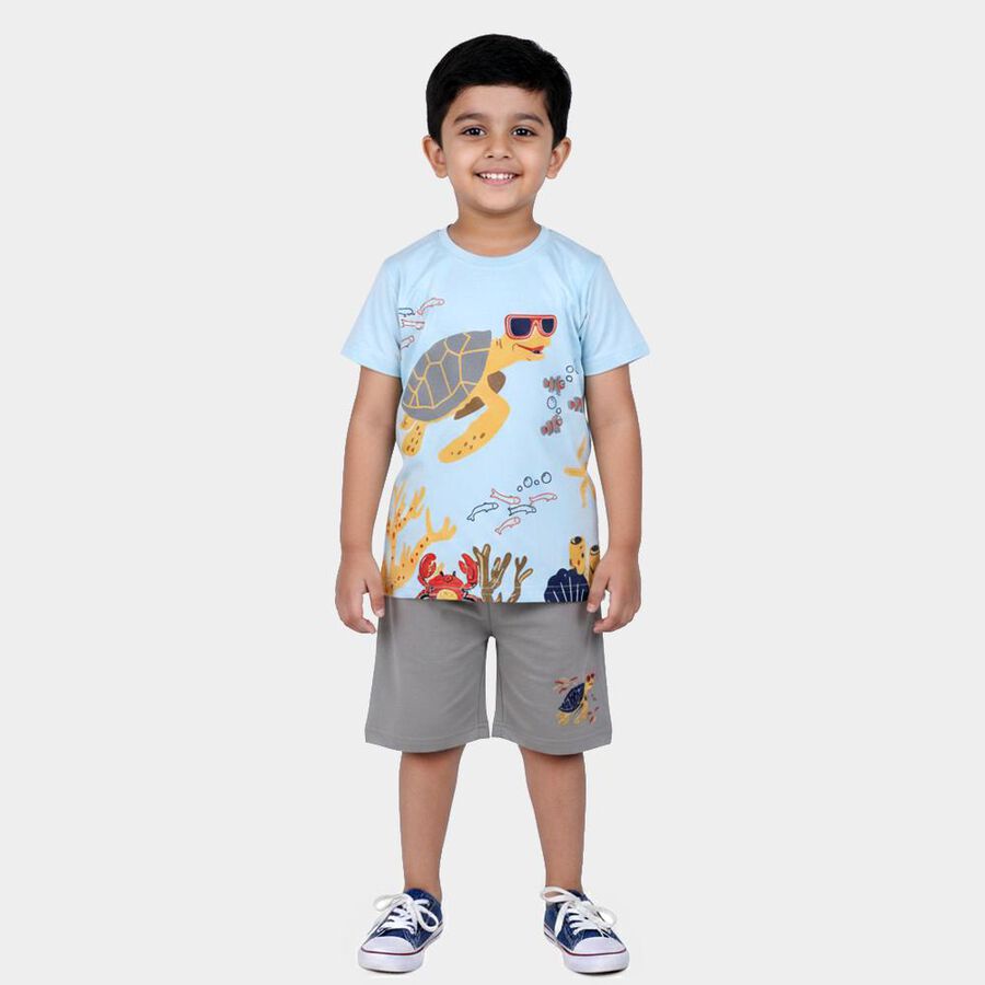 Boys Light Blue Cotton Round Neck Graphic Print Baba Suit, हल्का नीला, large