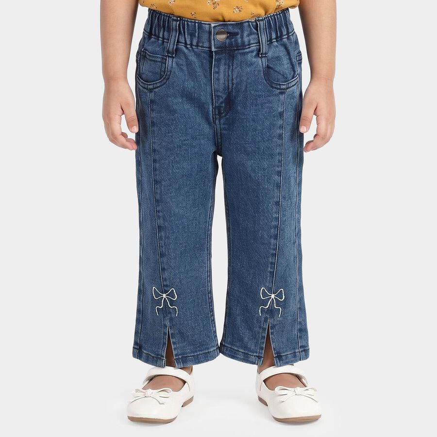 Girls Blue Straight Fit Embroidered Jeans, मध्यम नीला, large