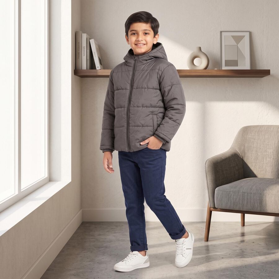 Boys Grey Hooded Puffer Jacket, Charcoal, large