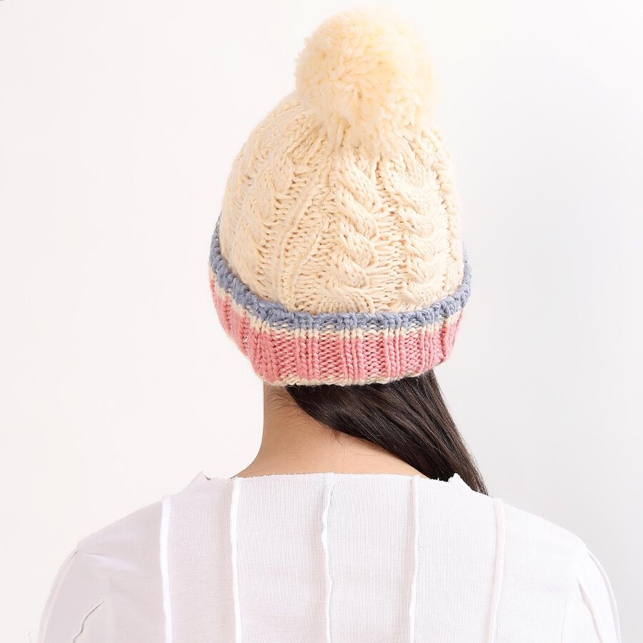 Women's Cream Knitted Pom-Pom Winter Cap, ऑफ व्हाइट, large image number null