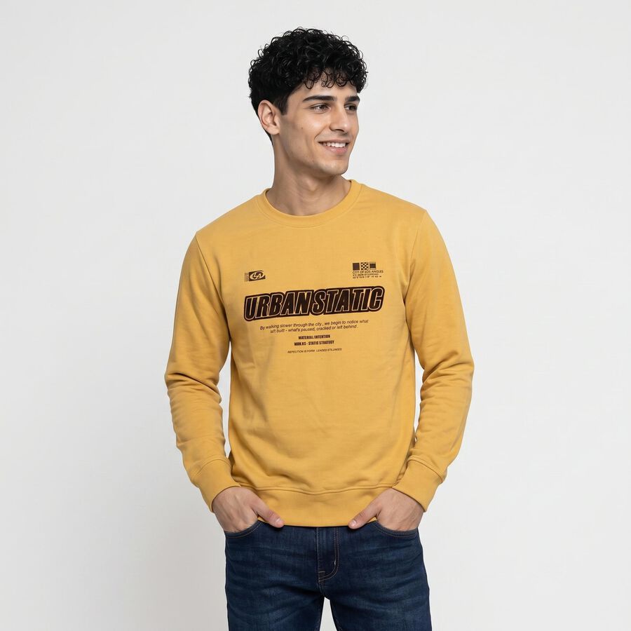 Men's Mustard Crew Neck Graphic Print Pullover Sweatshirt, Mustard, large