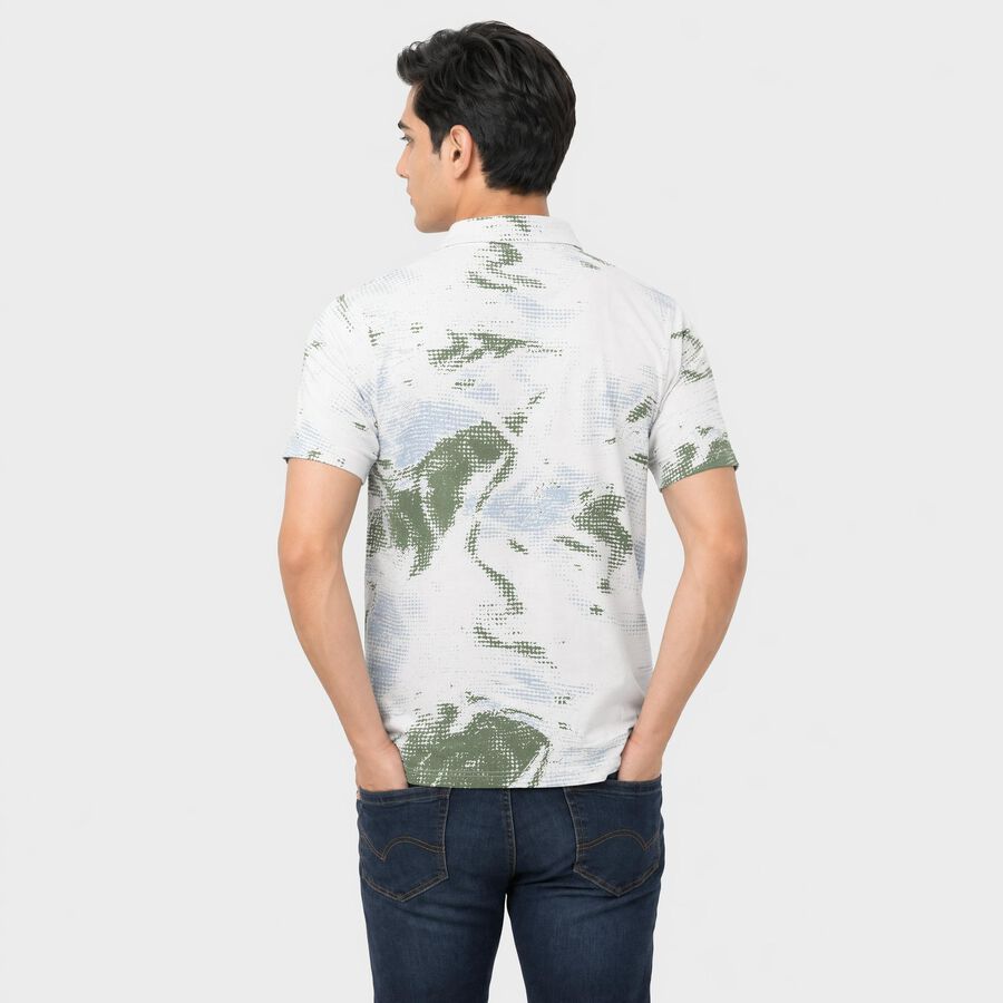 Men's White Cotton Polo Neck Abstract Printed T-Shirt, सफ़ेद, large