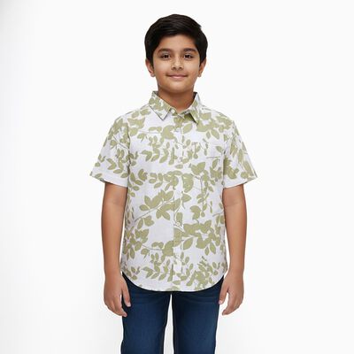 Boys' Muted Olive Green Cotton Half Sleeve Classic Collar Casual Shirt