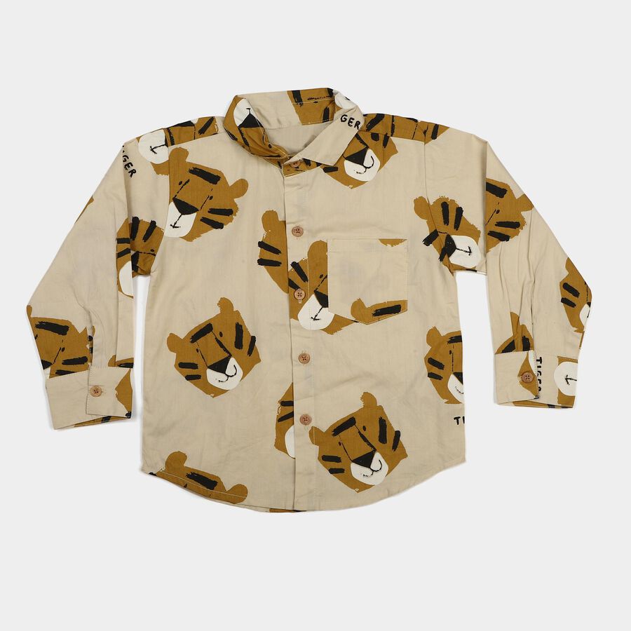 Boys Beige Cotton Long Sleeve Collar Shirt, गहरा पीला, large