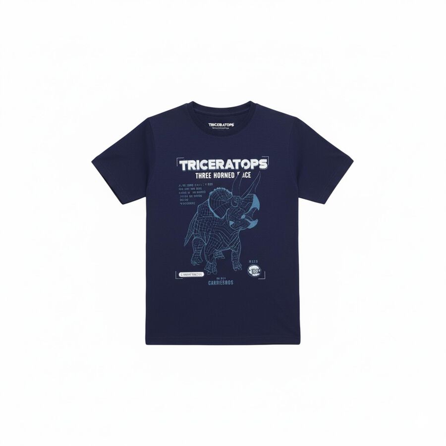 Boys Deep Midnight Navy Blue Cotton Crew Neck Casual T-Shirt, मध्यम नीला, large image number null