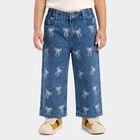 Girls' Mid Blue Straight Fit Bow Printed Jeans, मध्यम नीला, small