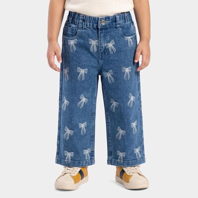 Girls' Mid Blue Straight Fit Bow Printed Jeans