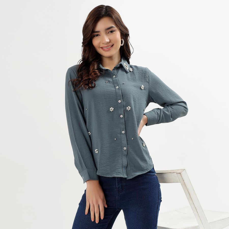 Ladies' Muted Steel Blue Classic Collar Casual Shirt, Teal Blue, large image number null