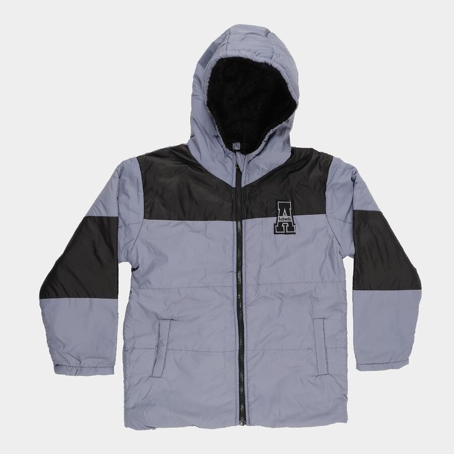 Boys Grey and Black Hooded Casual Jacket, Light Blue, large image number null
