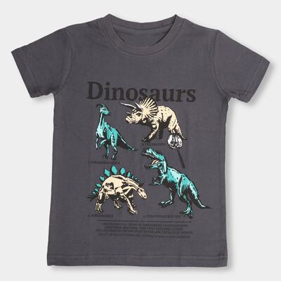 Boys' Dark Grey Cotton Round Neck Printed T-Shirt