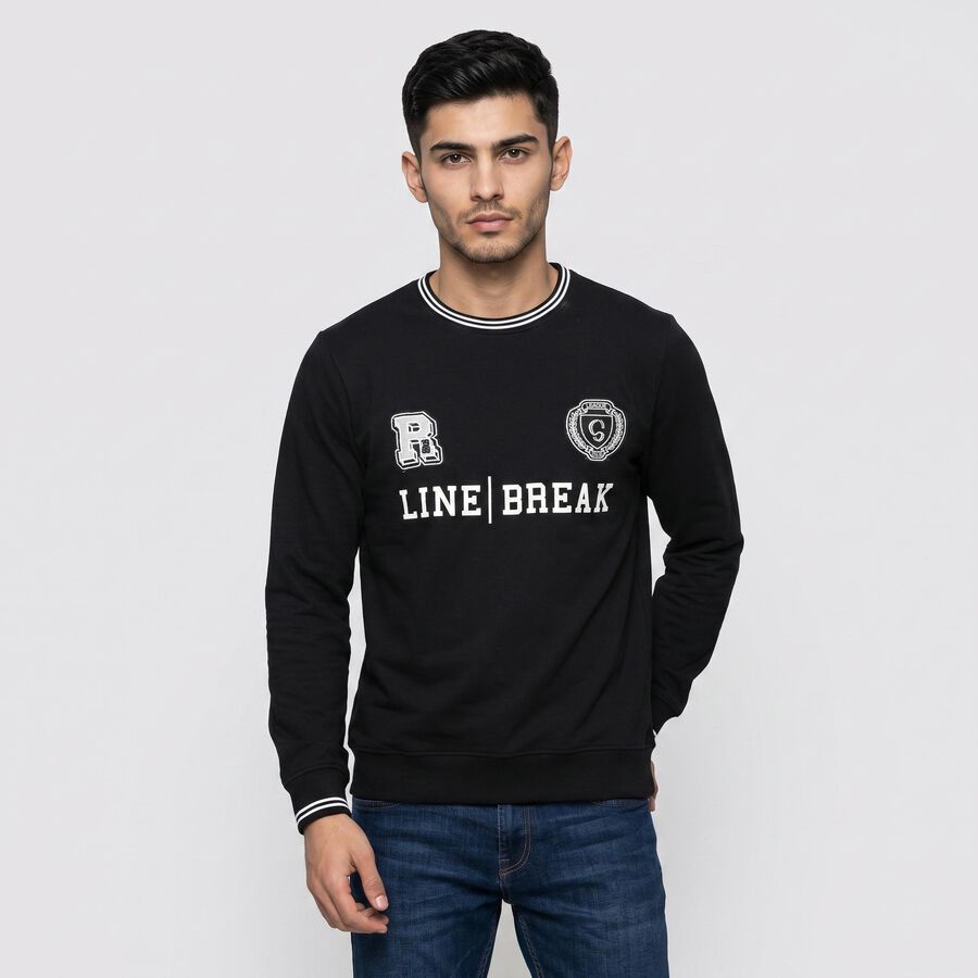 Men's Black Crew Neck Pullover Sweatshirt, Black, large