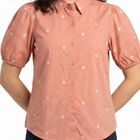 Women's Pink Cotton Floral Spread Collar Regular Fit Shirt, Pink, small