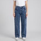 Women's Blue Relaxed Fit Cargo Jeans, Mid Blue, small