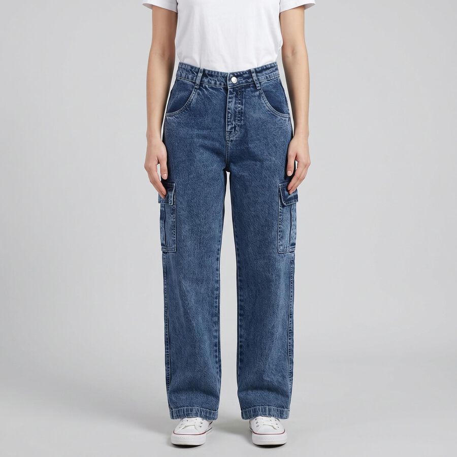 Women's Blue Relaxed Fit Cargo Jeans, Mid Blue, large