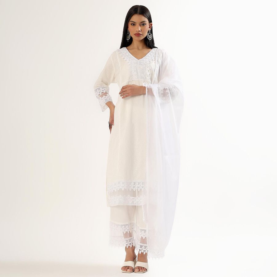 Women's White Cotton Embroidered Ethnic Set, Off White, large