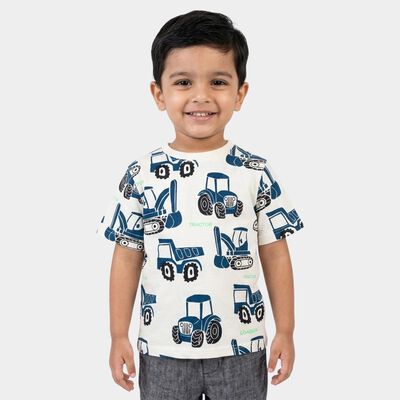 Boys' White Cotton Round Neck Printed T-Shirt