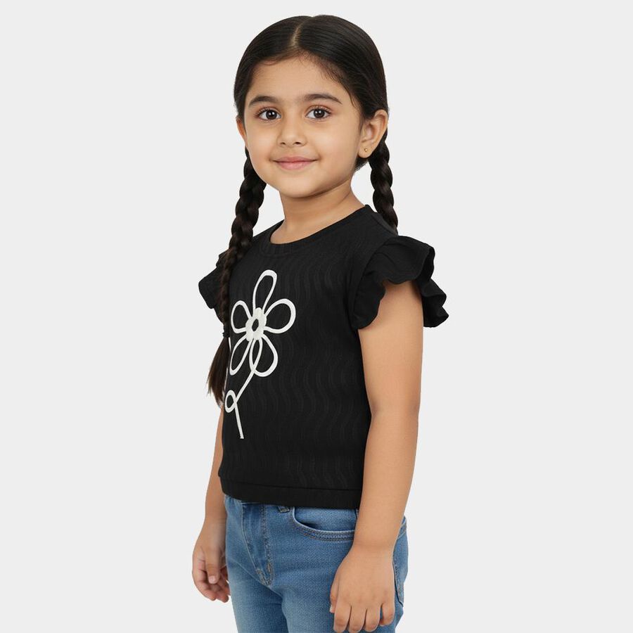 Girls Black Round Neck Casual T-Shirt, Black, large