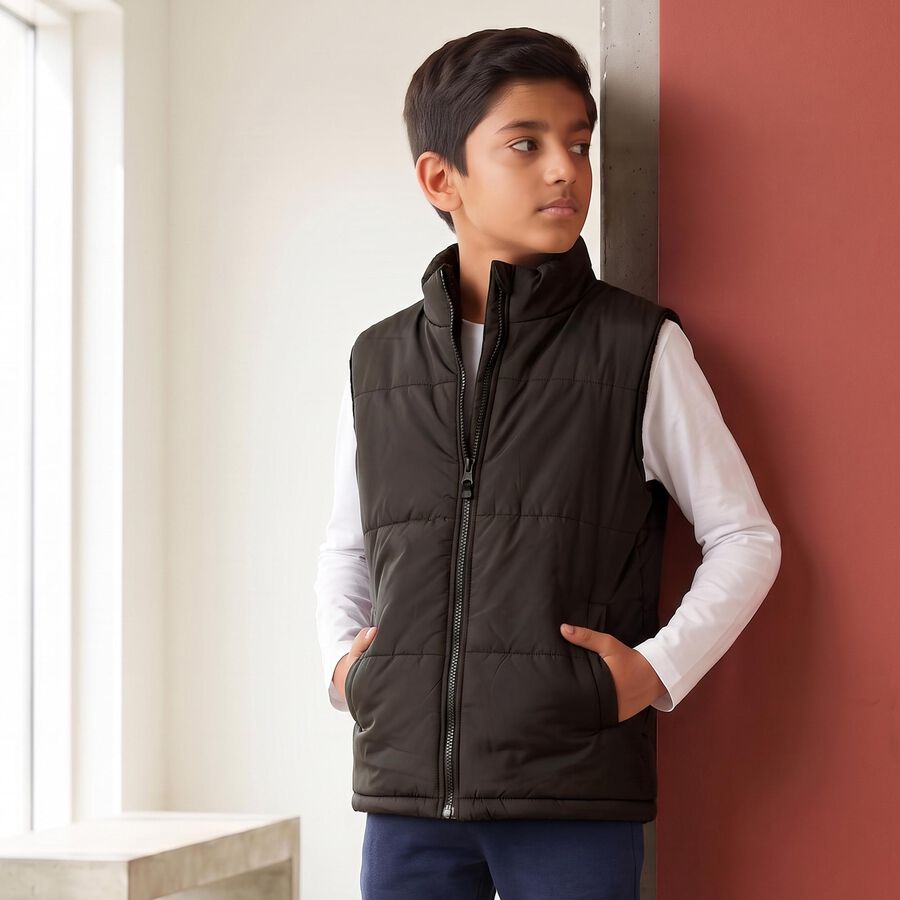Boys Black Stand Collar Puffer Jacket, Black, large