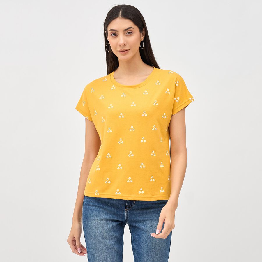Women's Mustard Yellow Round Neck Printed T-Shirt, Mustard, large image number null