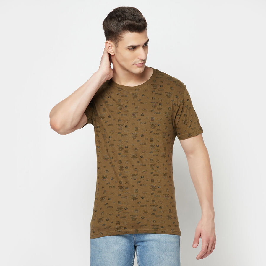 Cotton Printed Round Neck T-Shirt, Olive, large image number null