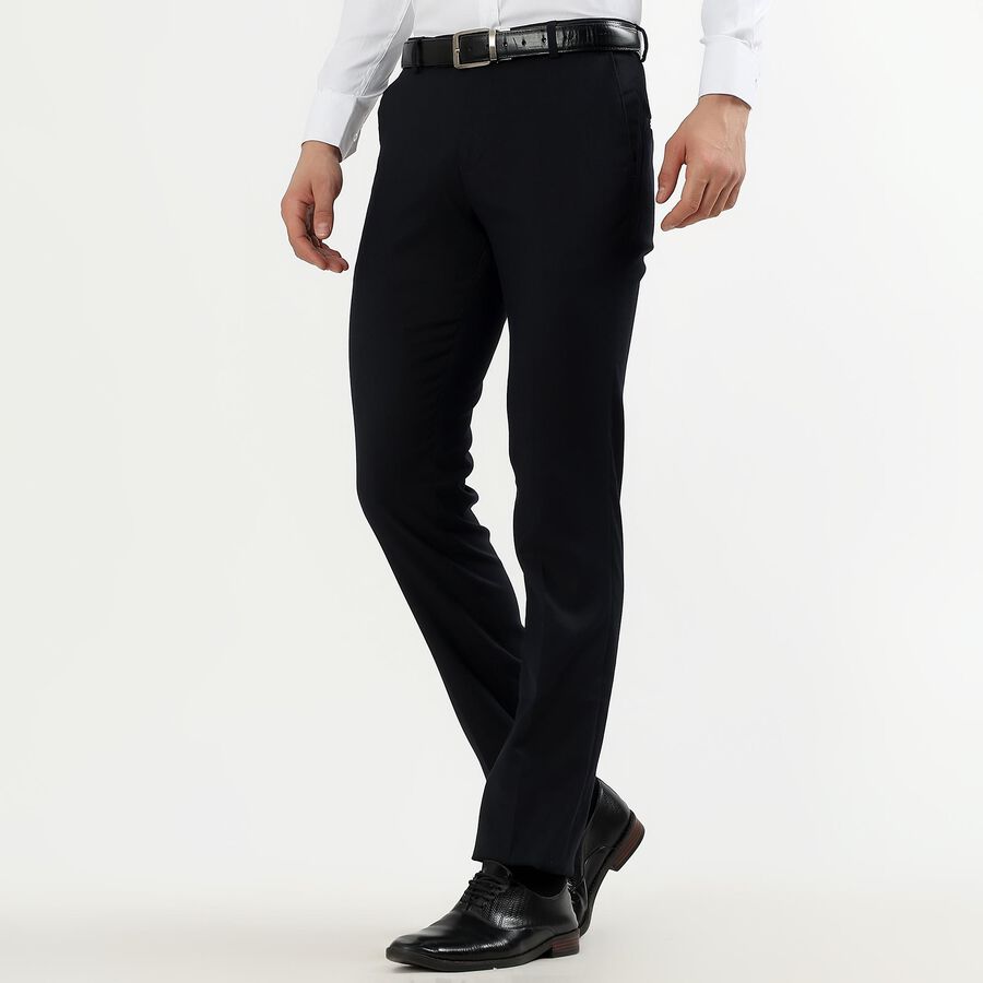Men's Jet Black Slim Fit Flat-Front Formal Trousers, Navy Blue, large image number null