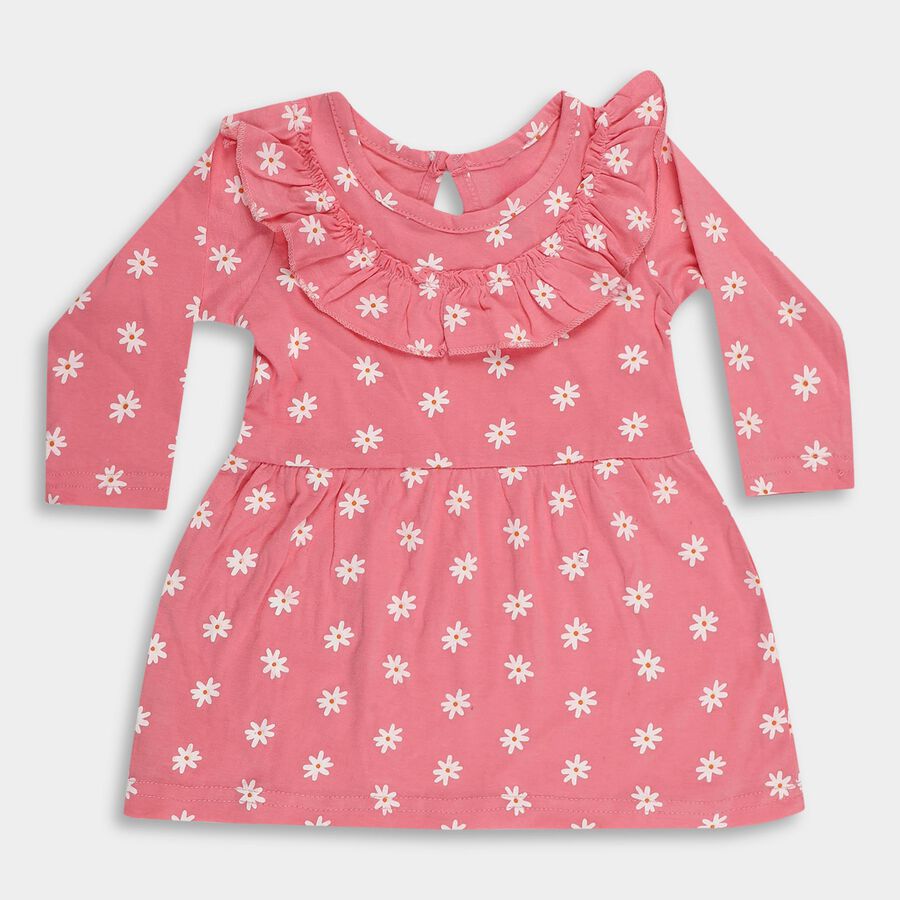 Infants' Bright Pink Floral Print Long Sleeve Frock, हल्का गुलाबी, large image number null