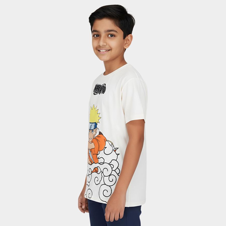 Boys' White Cotton Round Neck Casual T-Shirt, ऑफ व्हाइट, large