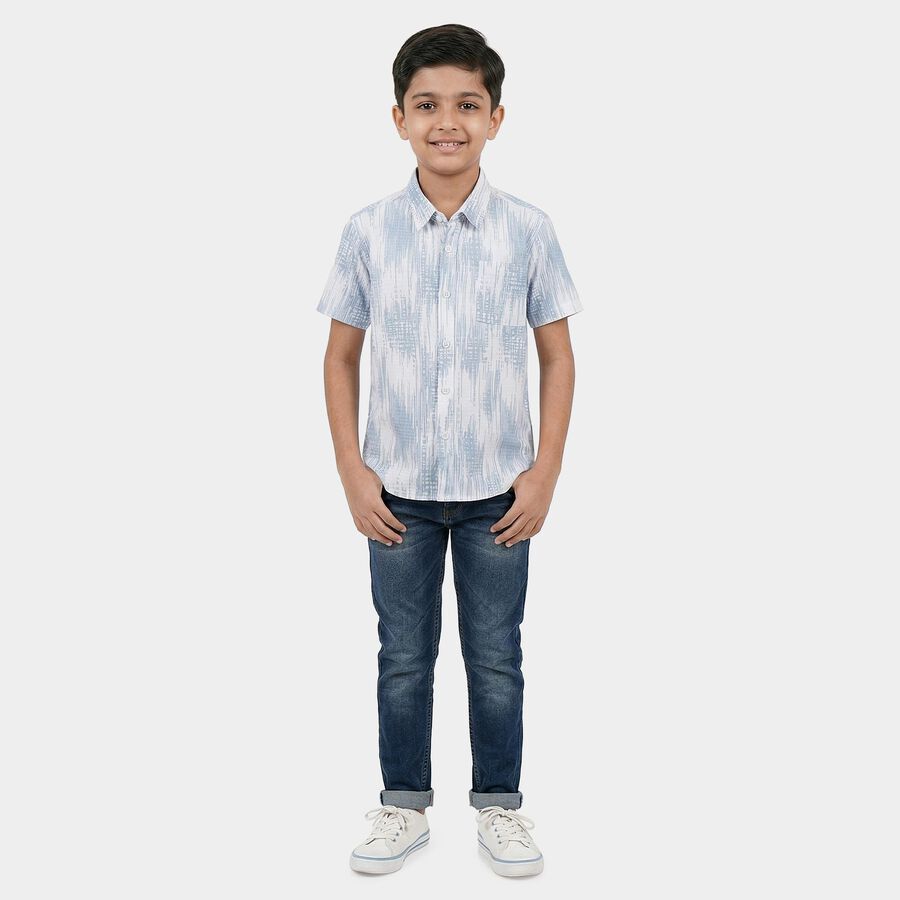 Boys White Printed Half Sleeve Classic Casual Shirt, सफ़ेद, large