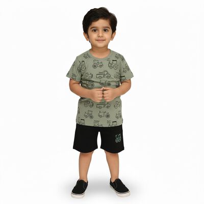 Boys' Olive Cotton Round Neck Vehicle Print Baba Suit
