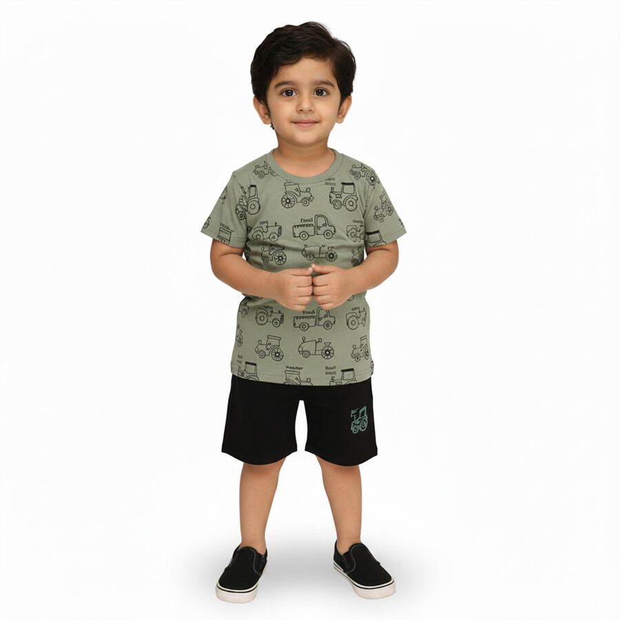 Boys' Olive Cotton Round Neck Vehicle Print Baba Suit, Olive, large image number null