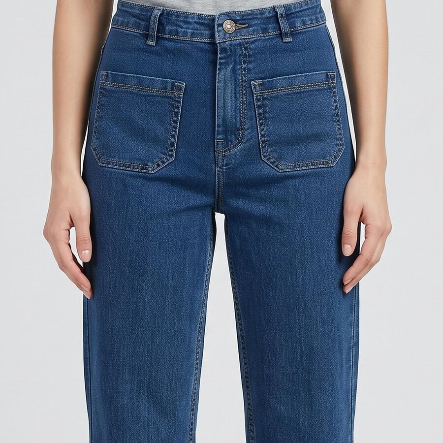 Women's Blue Straight Fit High-Rise Patch Pocket Jeans, Light Blue, large