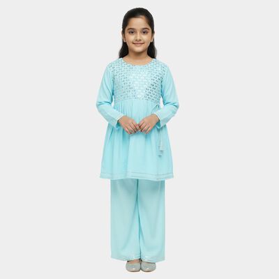 Girls Light Blue Embroidered Bohemian Kurta and Palazzo Fusion Set