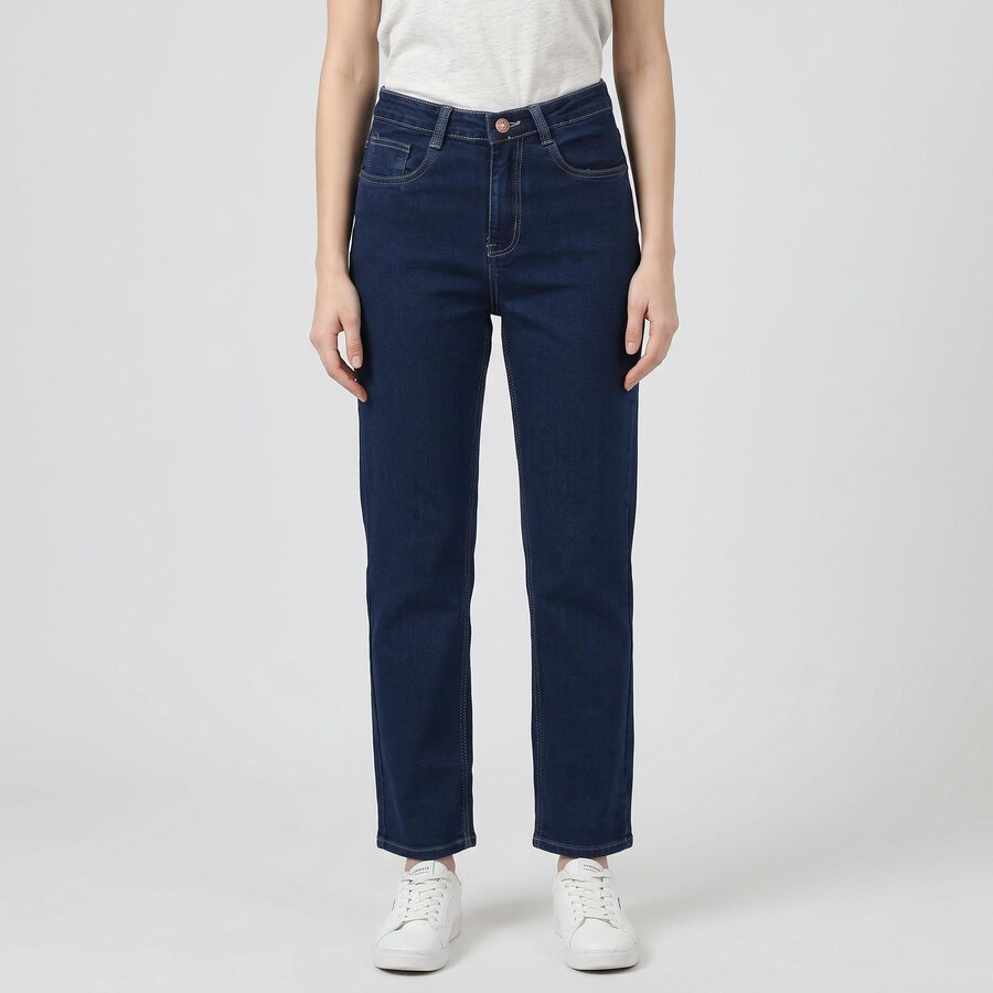 Women's Navy Blue Straight Fit Classic Five Pocket Jeans, Mid Blue, large