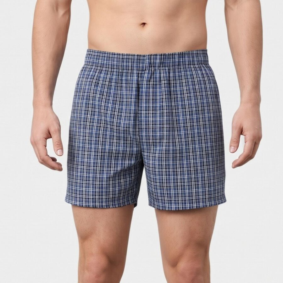 Men's Mid Blue Relaxed Fit Checked Boxers, मध्यम नीला, large