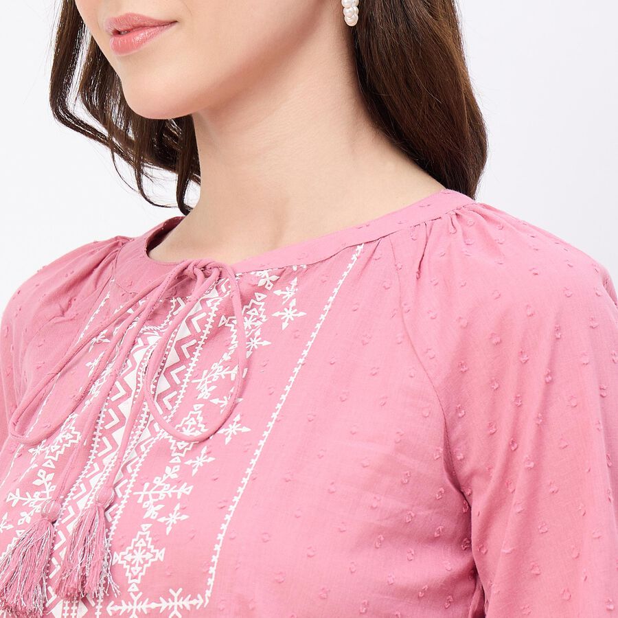 Women's Bright Fuchsia Pink Cotton High Neck Romantic Top, Pink, large