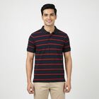Men's Navy Blue Polo Neck Striped T-Shirt, नेवी ब्लू, small