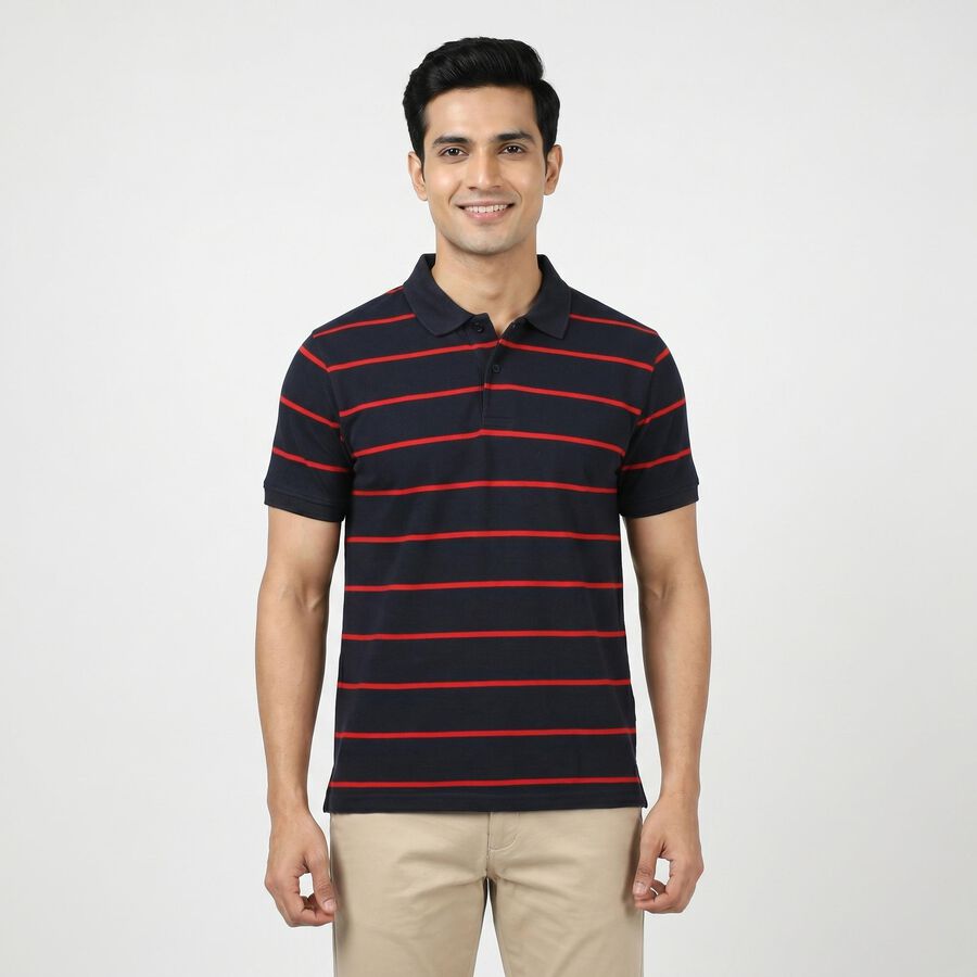 Men's Navy Blue Polo Neck Striped T-Shirt, नेवी ब्लू, large