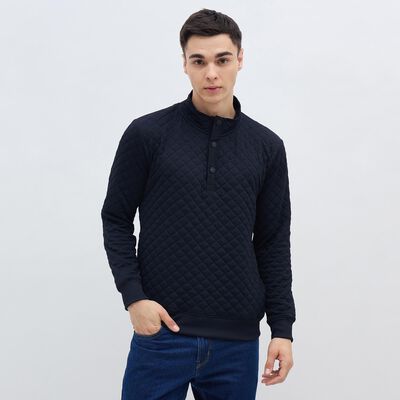 Men's Deep Midnight Navy Buttoned Neckline Quilted Sweatshirt