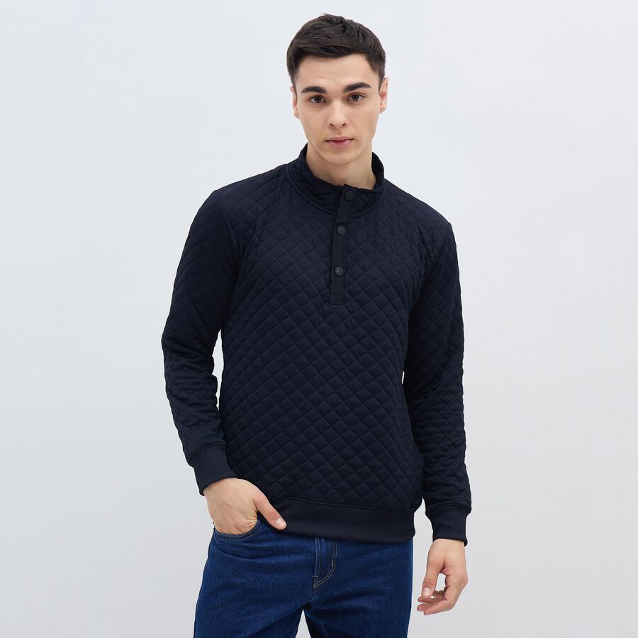 Men's Deep Midnight Navy Buttoned Neckline Quilted Sweatshirt, Navy Blue, large image number null
