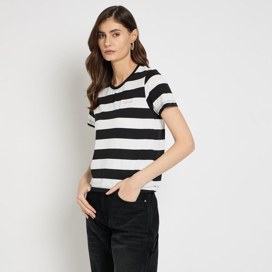 Ladies'  Stripes Round Neck T-Shirt, काला, large image number null