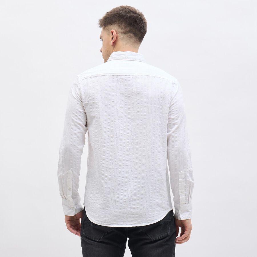 Men's White Cotton Full Sleeve Classic Collar Textured Shirt, White, large
