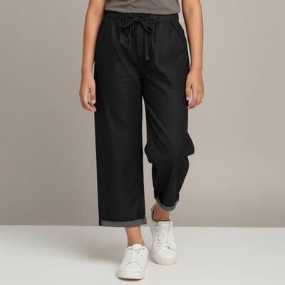 Girls Jet Black Loose Fit Elastic Waist Jeans