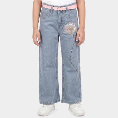 Girls' Light Blue Wide Leg Embroidered Jeans
