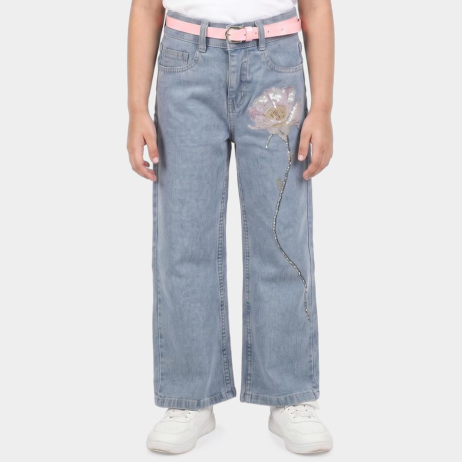 Girls' Light Blue Wide Leg Embroidered Jeans, हल्का नीला, large