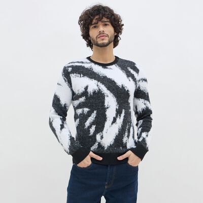 Men's Black and White Crew Neck Casual Pullover