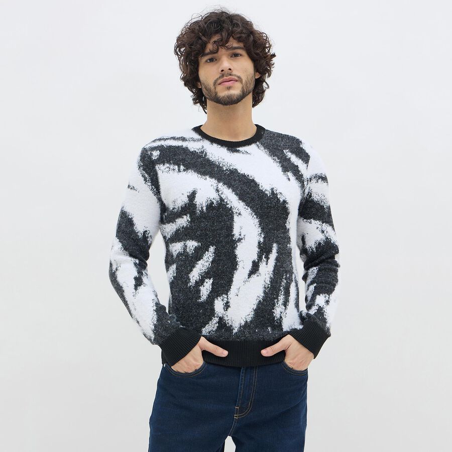 Men's Black and White Crew Neck Casual Pullover, Black, large image number null