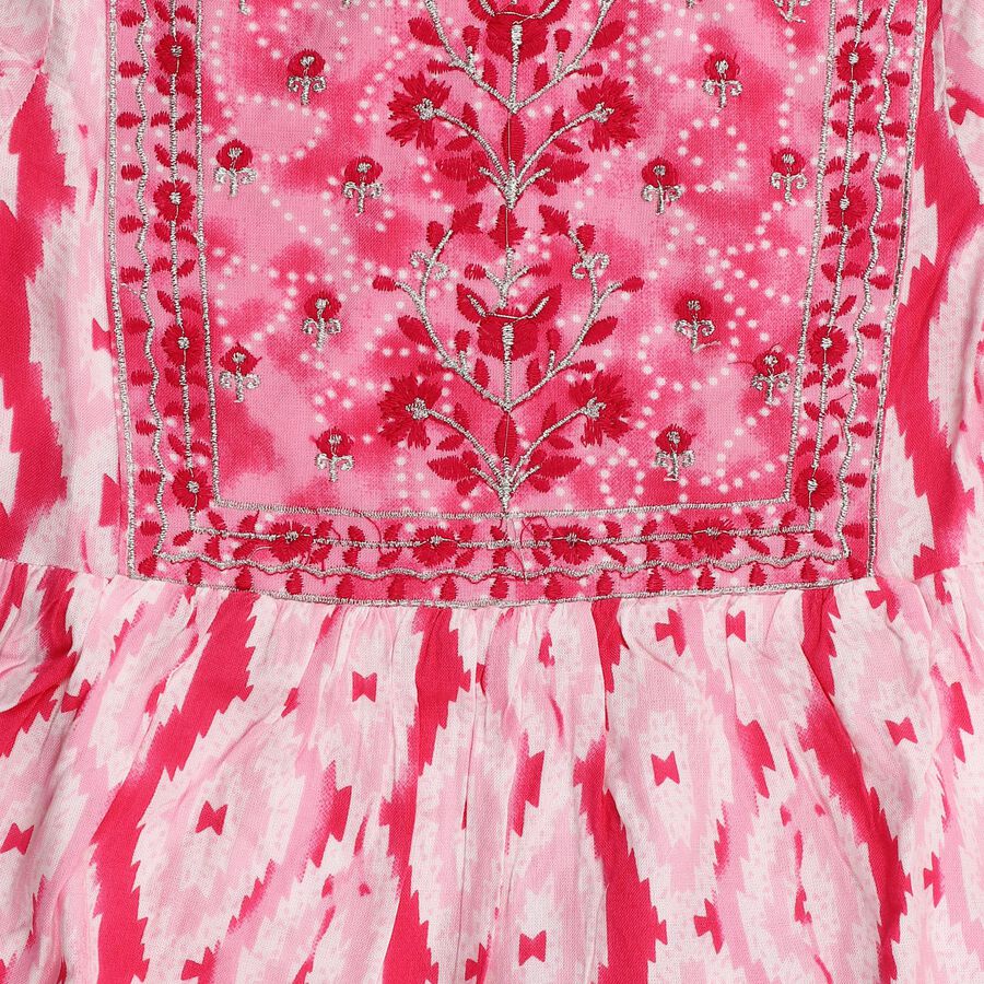 Girls' Bright Pink Embroidered Ikat Kurta and Palazzo Fusion Set, Pink, large