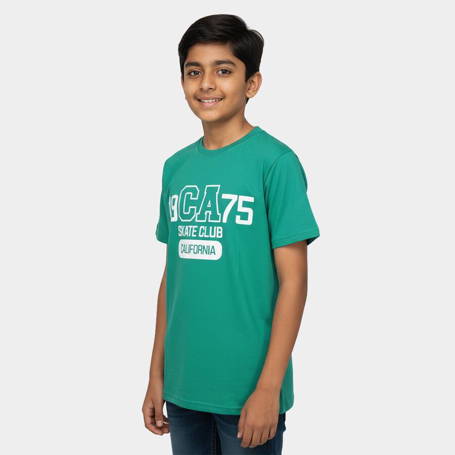 Boys' Dark Green Round Neck Casual T-Shirt, Dark Green, large