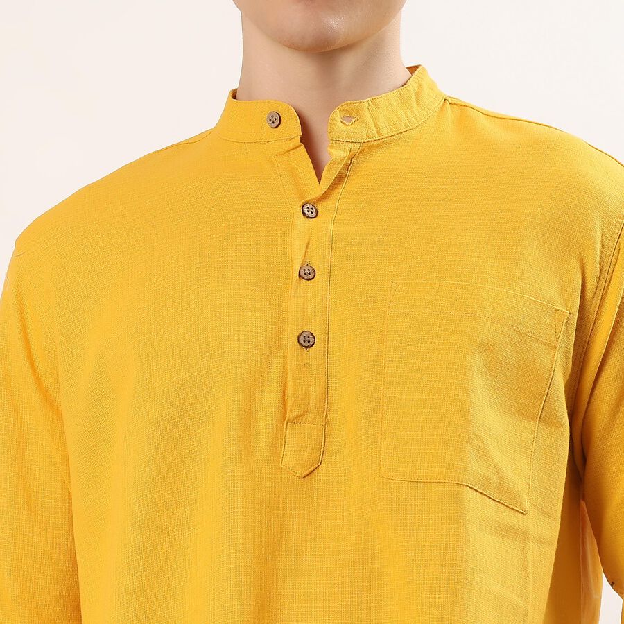 Men's Yellow 100% Cotton Mandarin Collar Textured Kurta, मस्टर्ड, large
