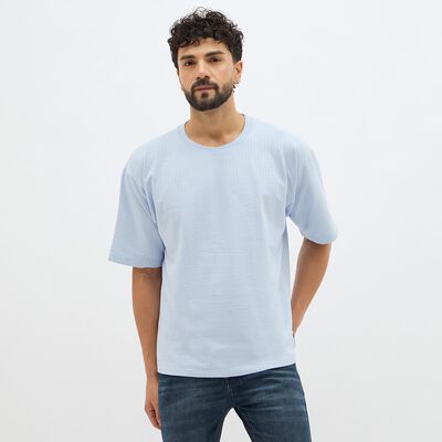 Men's Light Powder Blue Round Neck Casual T-Shirt
